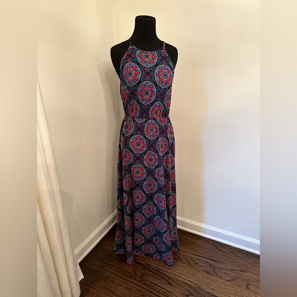 French Grey Red and Blue Geometric Maxi Dress